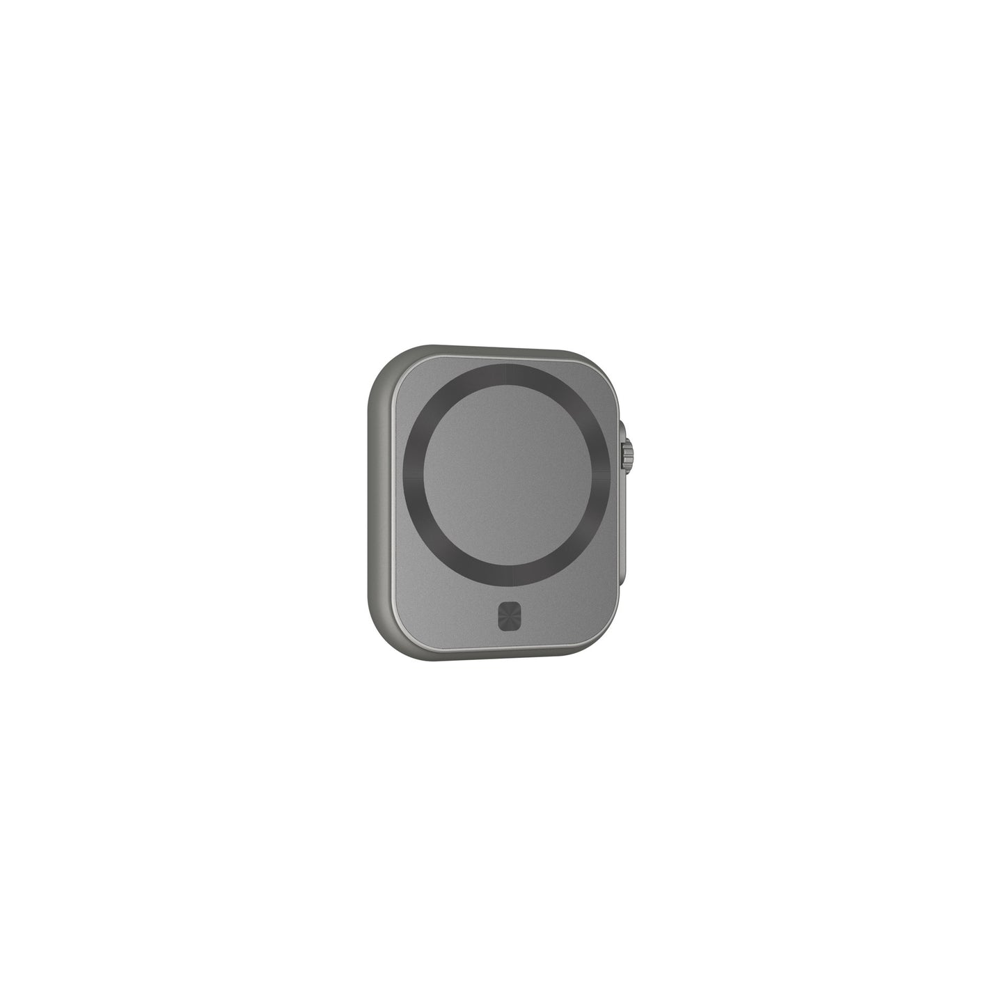 Batterie externe magnétique ultra-compacte couleur gris métal, idéale pour recharger son smartphone en voyage avec fixation MagSafe.